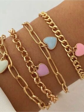 Gold Multi-Chain Bracelet Set with Pink, Blue, White Heart Charms